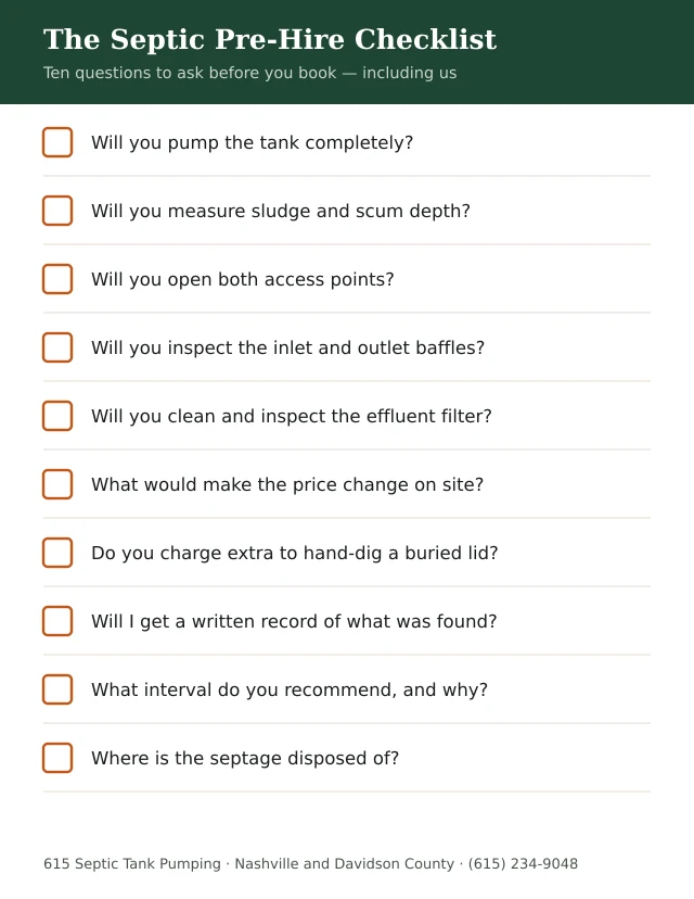 Printable septic pre-hire checklist, one page